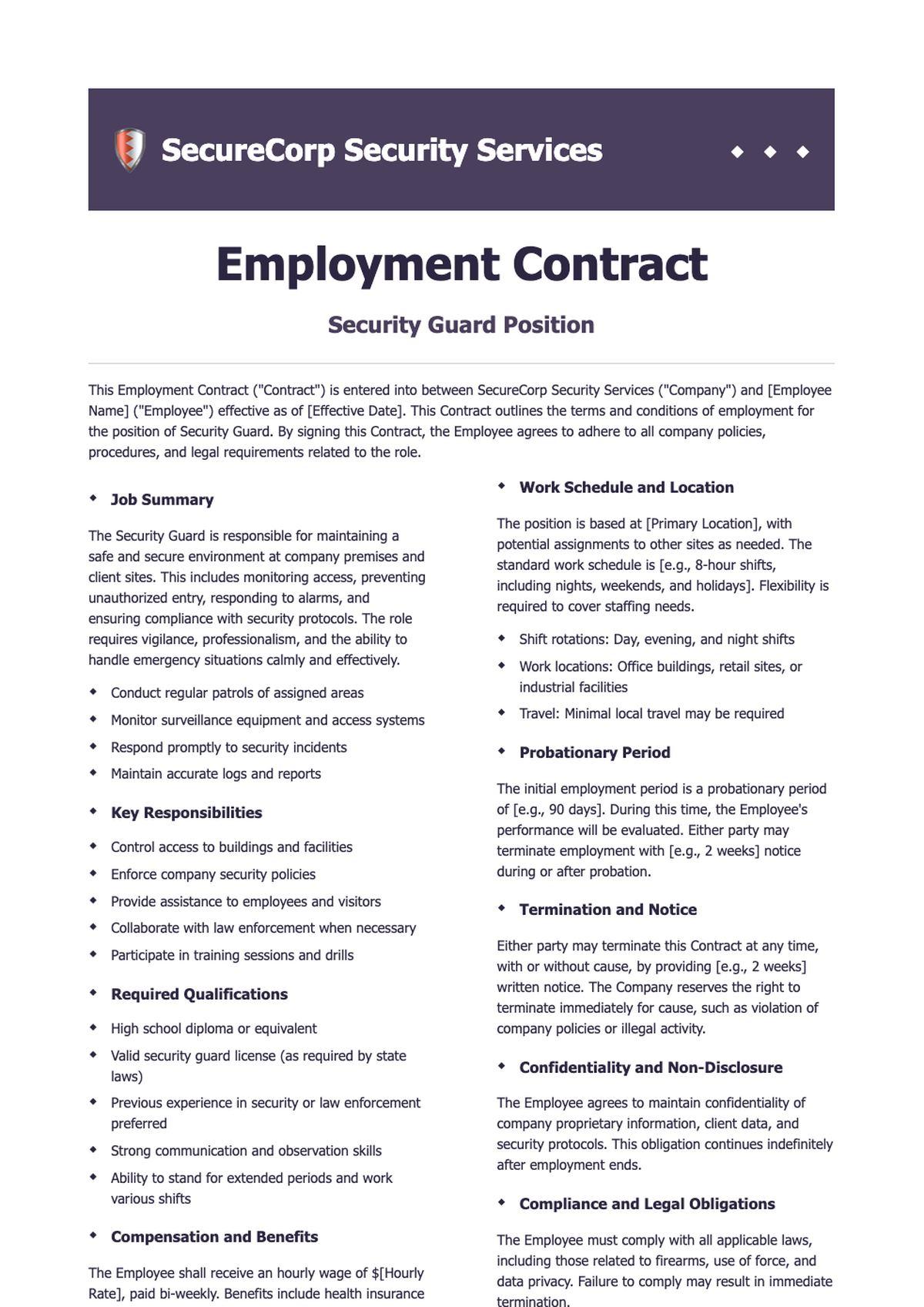 Security guard employment contract template with company branding_variant_1